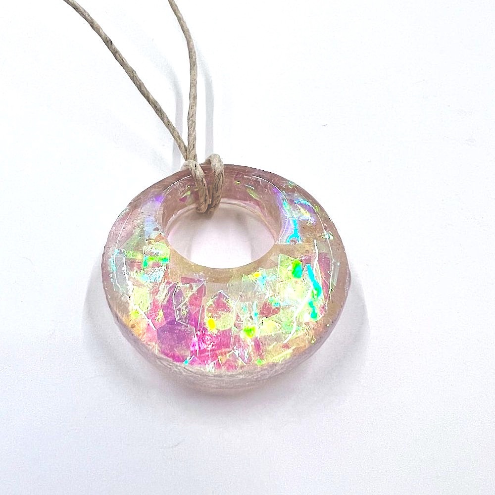 New / Hand Crafted - Pink & Cream Iridescent Round Pendant 16” Cord Necklace - Picture 5 of 7